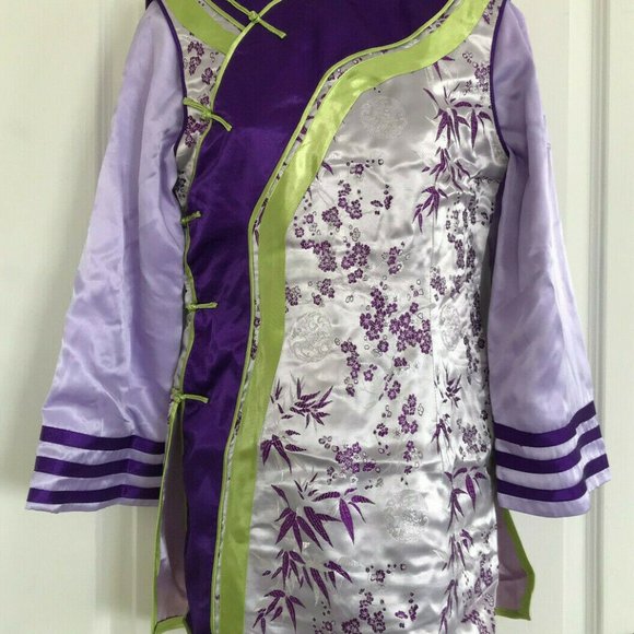 Cheongsam QiPao Long Sleeve Tunic Top Purple Green Bamboo Satin Brocade - Picture 7 of 9